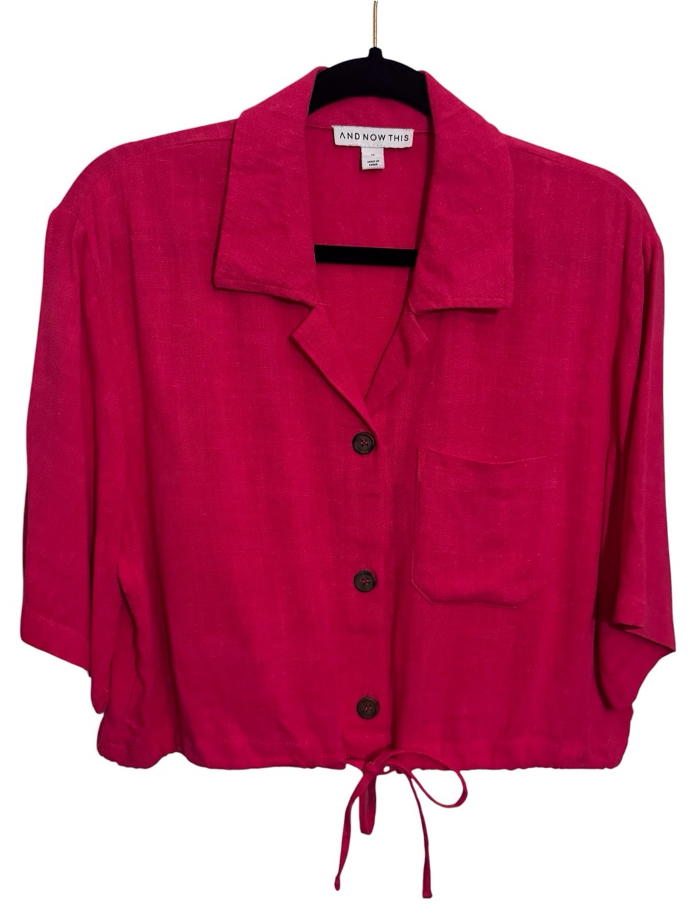 And Now This Size Medium Hot Pink Button Up Top Drawstring Beach Vacation V-Neck